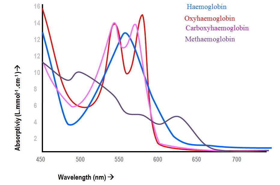 messy diagram of absorption spectra for haemoglobin species