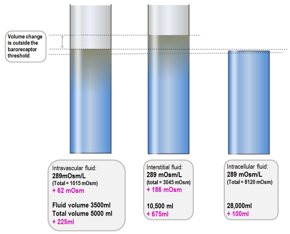 Changes in compartment volumes and osmolality in response to the infusion of 1000ml Hartmanns compound sodium lactate