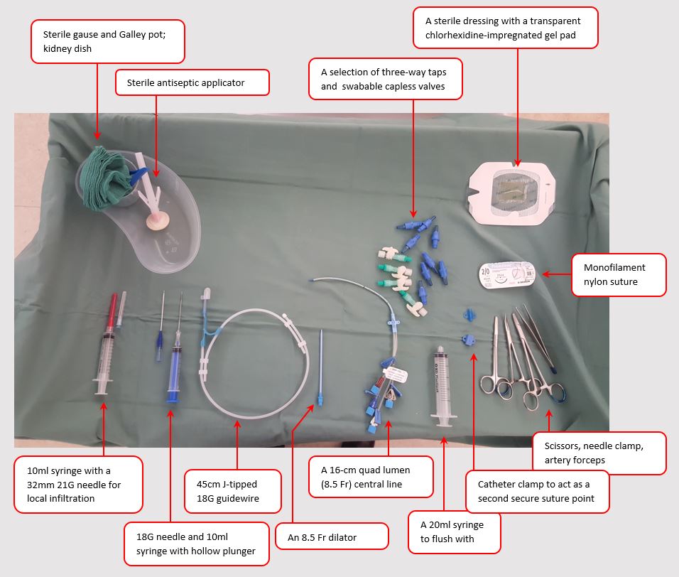 central line sterile tray with labelled equipment